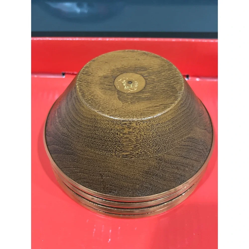 Vintage Faux Wood Grain Salad Bowls Set of 4 Copper Rim Metallic Trim Brown